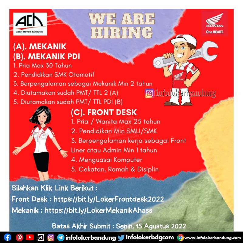 Lowongan Kerja Mekanik & Front Desk Honda Aceh Motor Bandung Agustus 2022