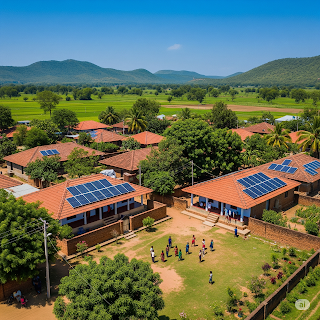 Rural Indian village with solar panels, children playing, lush greenery.