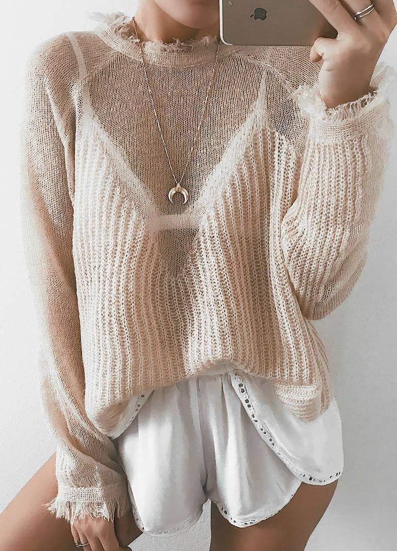 white and nude cozy outfit / sweater and shorts