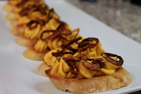 Butternut Squash and Goat Cheese Crostini with Crispy Shallots