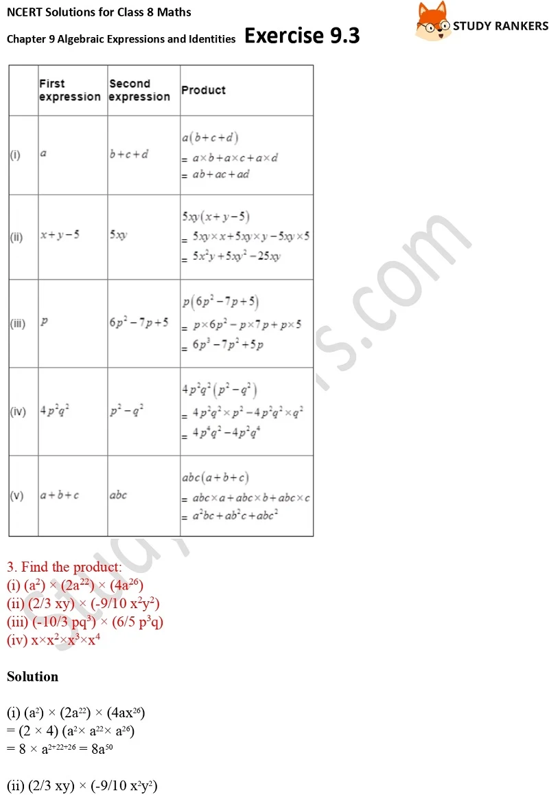 NCERT Solutions for Class 8 Maths Ch 9 Algebraic Expressions and Identities Exercise 9.3 3