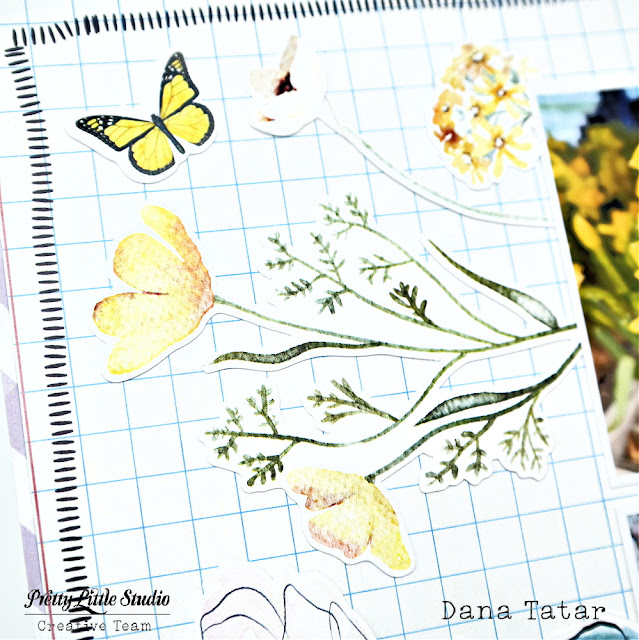 Floral scrapbook layout documenting spring garden blooms using flower and butterfly die-cuts from the Pretty Little Studio Wildflowers collection.