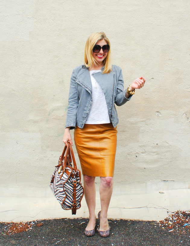 camel leather skirt and gray denim jacket