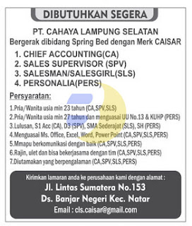 Lowongan Kerja PT. Cahaya Lampung Selatan