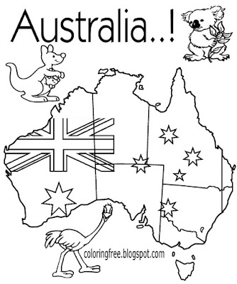 Easy native animal map of Australia printable Australian colouring for kids clipart flag to color in