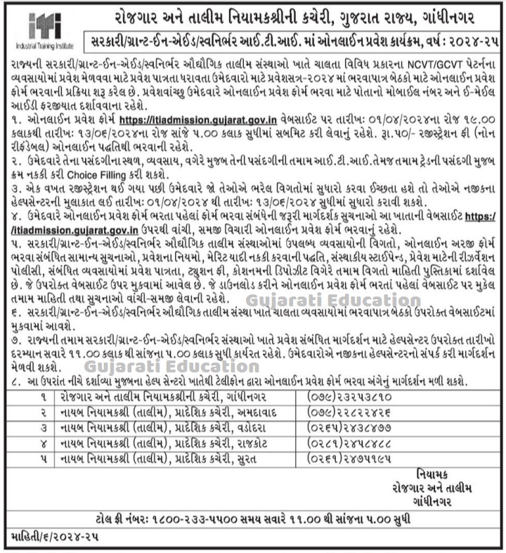 આઈ.ટી.આઈ. પ્રવેશ એડમિશન 2024-25 Gujarat ITI Admission