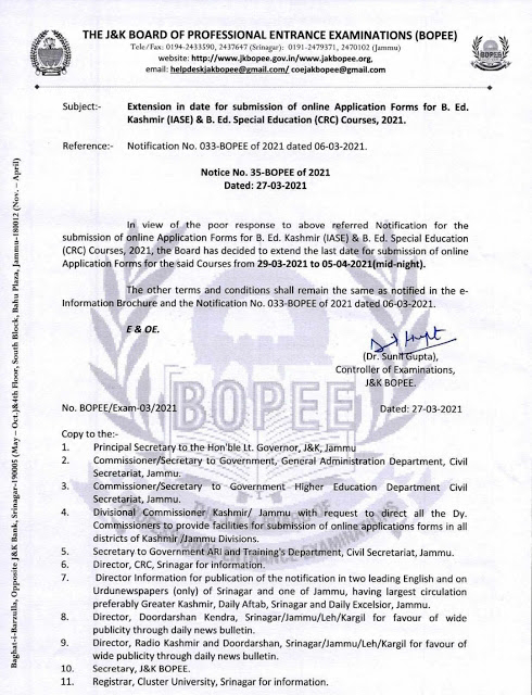 JKBOPEE: Apply Online For B.Ed Courses 2021 From 29-03-2021 To 05-04-2021