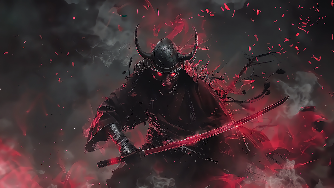 A foreboding samurai with glowing eyes, wielding a katana, surrounded by a whirl of crimson petals and dark mist