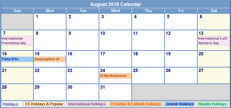 August 16 Calendar With Holidays Usa Uk Canada