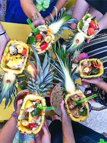 Girls night idea! Hollowed out pineapples with rice, and grilled chicken & veggies!