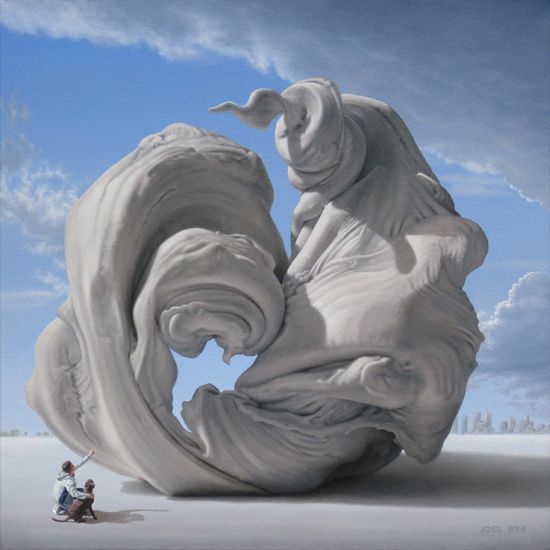 Joel Rea pintura hiper-realista surreal cães gigantes caindo céu Desejo monumental