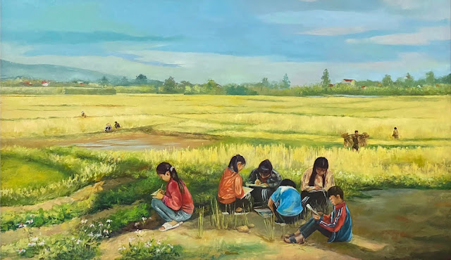 Vẽ tranh sơn dầu phong cảnh lũ trẻ thôn quê