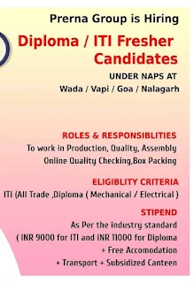 Prerna Group Recruitment ITI and Diploma Fresher Candidates For Wada, Maharashtra/ Vapi, Gujarat/ Goa/ Nalagarh, Himachal Locations