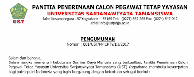 Penerimaan Pegawai Tetap Universitas Sarjanawiyata Tamansiswa (UST) Yogyakarta Tahun 2017