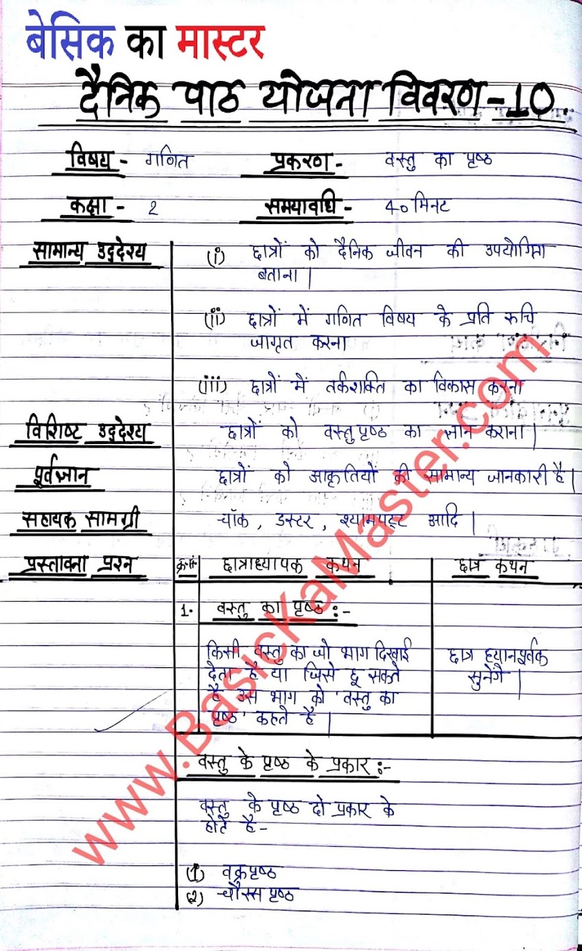 D.El.Ed Lesson Plan (बी. टी. सी. पाठयोजना ) , पाठयोजना 10