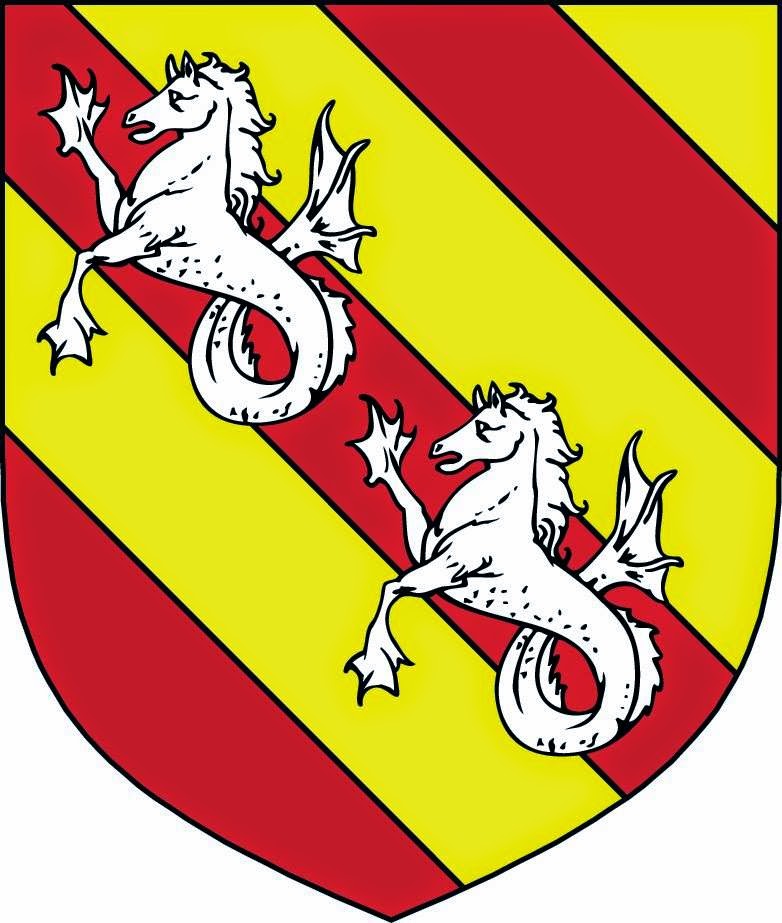 Bendy Or and gules, in bend two seahorses argent