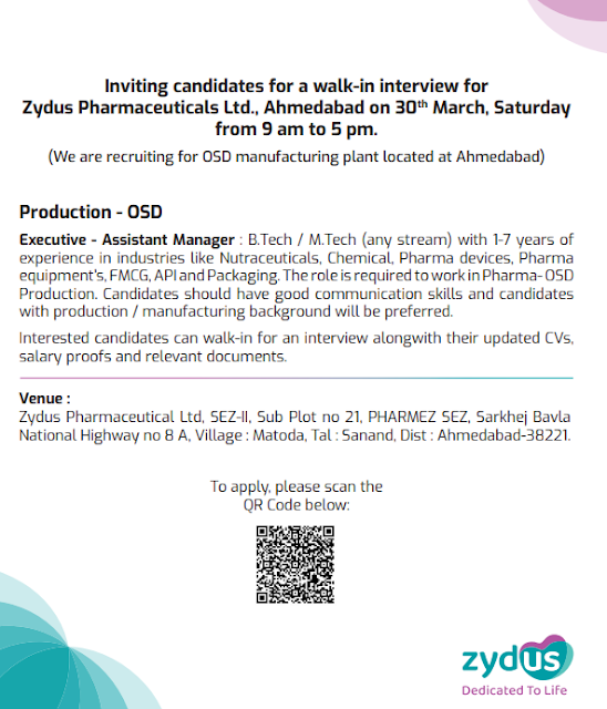 Zydus Pharma Walk In Interview For Production Dept