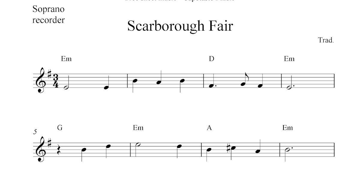 Scarborough Fair, free soprano recorder sheet music notes