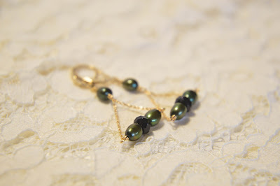 green emerald oval pearl and faceted black onyx crystal triangle dangle earrings with gold chain and gold leverback handmade gold earrings