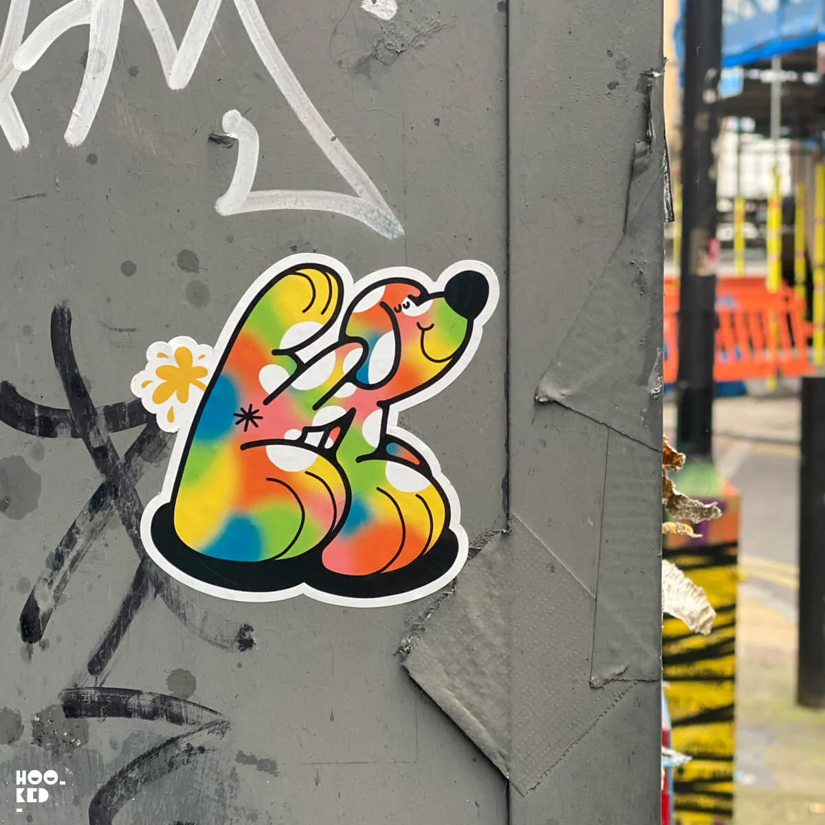 Shoreditch Street Art Stickers featuring a colourful cartoon dog