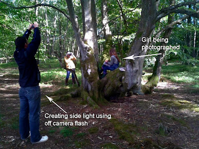 Professional photographers creating side light using off camera flash, whilst taking a photo of a girl in a tree