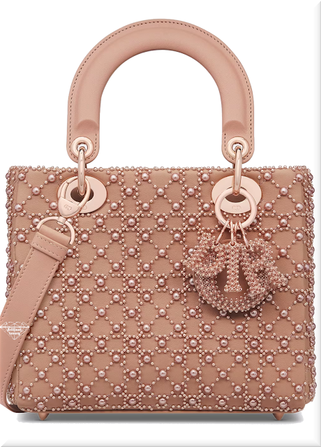 ♦Small rose des vents pink Lady Dior cannage calfskin bag embroidered with resin pearls #dior #bags #pink #brilliantluxury