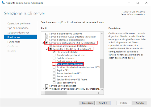 Aggiunta guidata ruoli e funzionalità, Gestione risorse file server