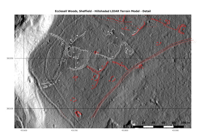 Hillshaded LIDAR image of Ecclesall Woods with features identified in the FEW/ASE papers