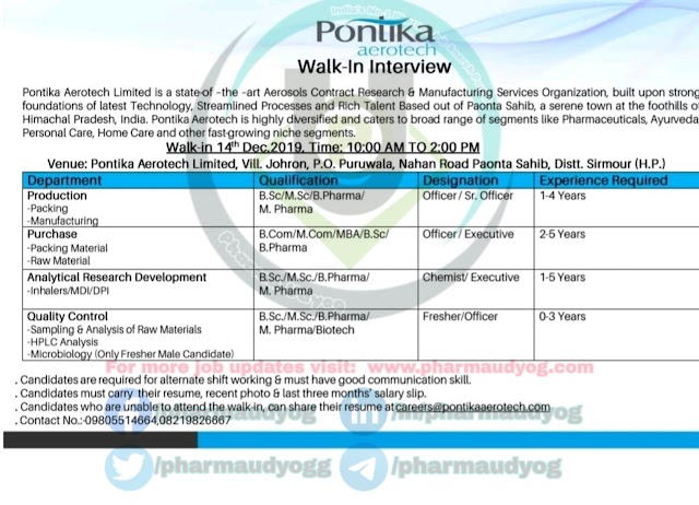 Pontika Aerotech | Walk-in for Production-QC-AR&D on 14 Dec 2019 | Pharma Jobs in Poanta Sahib