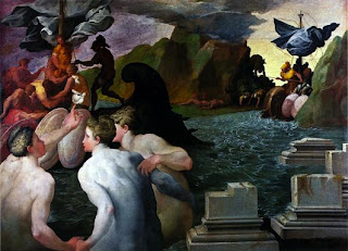 Peinture du Primatice représentant Ulysse affrontant les sirènes et franchissant Charybde et Scylla