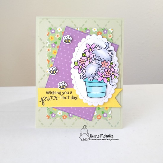 Wishing you a purr-fect day by Diane features Newton Blooms, Oval Frames,  Spring Time, and  Frameworks by Newton's Nook Designs; #inkypaws, #newtonsnook, #catcards, #cardmaking, #springcards