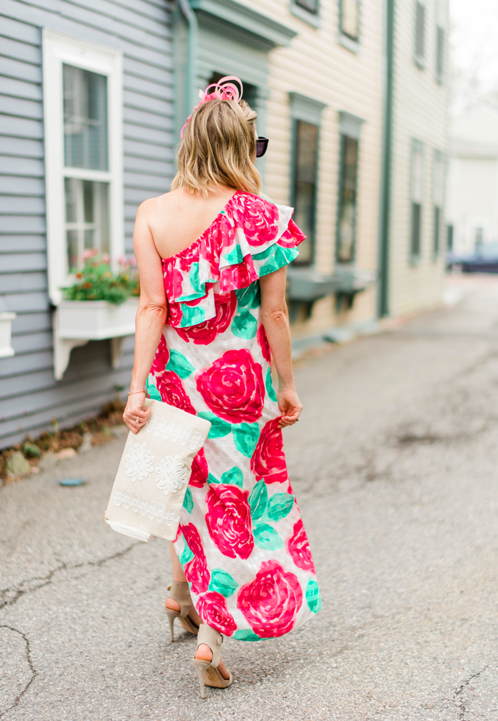 one shoulder ruffled rose printed dress