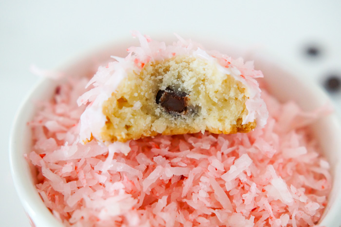 Pink Snowball Cookies with chocolate centers