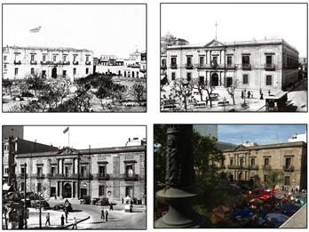 Arriba a la izquierda: el Cabildo y la Plaza Constitución. Puede verse el edificio inacabado,  sin cornisa, ni frontón, ni ático. Tampoco había sido colocado el escudo nacional.  Imagen del año 1867. Arriba a la derecha: el Cabildo donde ya fueron abiertas las ventanas que dan a la calle  Sarandí, año 1895. Abajo a la izquierda: Edificio del Cabildo. Esta fotografía muestra la fachada del edificio sin la inscripción “Representación Nacional” y sin ninguna fecha en el recuadro inferior, año 1937. Abajo a la derecha: Edificio del Cabildo, 20 de octubre de 2006.