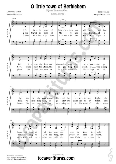 Partitura JPG gratis de O little town of Bethlehem Coro a cuatro voces SATB letra en inglés Choral SATB Sheet Music for 4 voice (soprano, alto, tenor, baritone) Pequeño pueblo de Belén Choir
