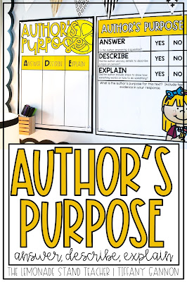 Author's purpose anchor chart, author's purpose activities, printables, and more!  Tips and tricks for teaching students to determine the author's main purpose for writing a text, including what an author want to answer, explain, or describe.