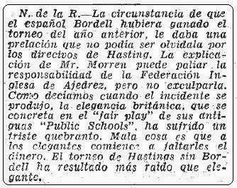 Nota explicativa en ABC sobre el desaire al ajedrecista Bordell