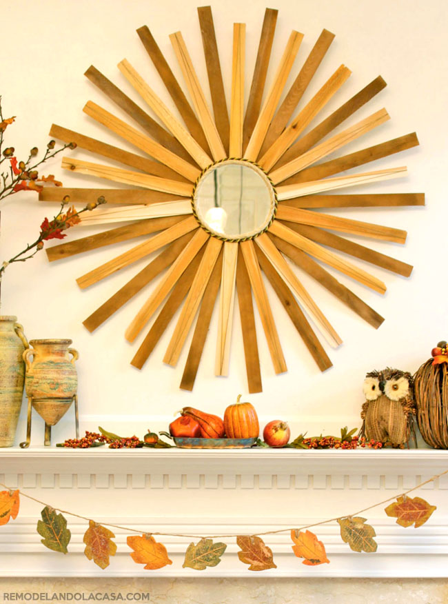 Fall mantel with mirror and owl and leaves garland