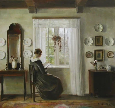 Interior with the Painter's wife reading at the window painting Carl Vilhelm Holsoe
