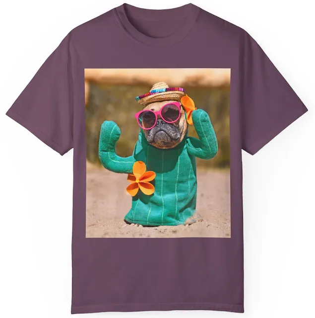 Unisex Garment Dyed T-Shirt With Funny French Bulldog Dressed Up with Cactus Costume With Fake Arms and Orange Flowers Wearing Summer Straw Hat