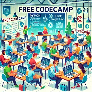طلاب وطالبات البرمجة على منصة FreeCodeCamp باستخدام أجهزة الكمبيوتر