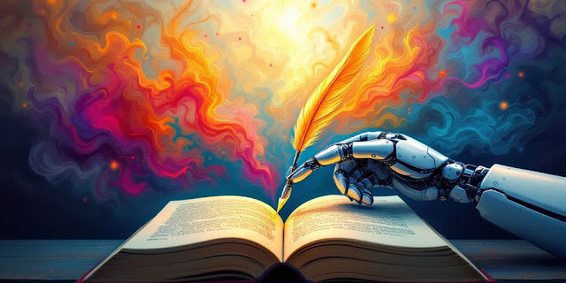 Robot hand holding quill over open book.