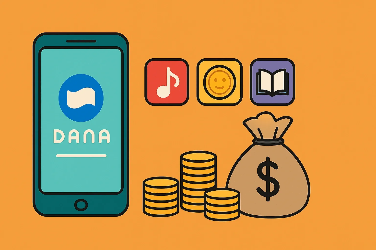 Ilustrasi aplikasi ponsel, koin emas, dan dompet digital untuk saldo DANA