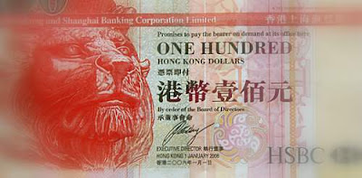 Partial image of a 100 Hong Kong Dollar Bill, cropped, and digitally obscured to prevent counterfeiting charges....