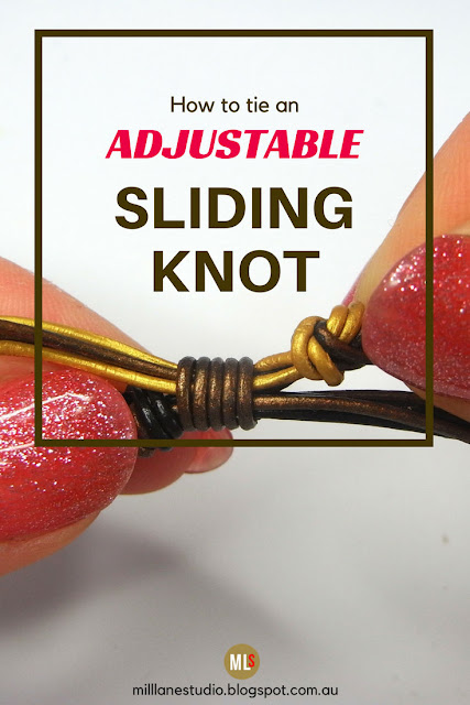 How to Tie and Adjustable Sliding Knot project sheet with close up detail of the sliding leather knot.