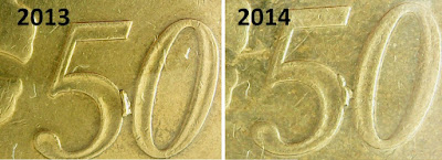 Malaysia Coin 50 sen s3 die gouge error "Extra Dot" 2013 and 2014