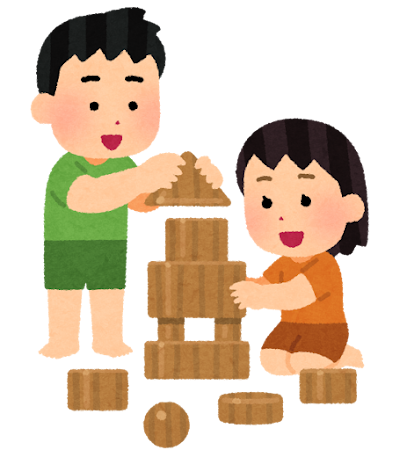 木のおもちゃで遊ぶ子供のイラスト