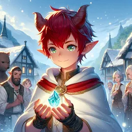 Ryn reflects under a clear sky, surrounded by Elara, Grimbold, and Glimmer in the tranquil setting of Arborvale. The Harmony Stone, now a symbol of peace and growth, glows softly in his hand. Villagers gather around, smiling warmly at Ryn, who looks forward with optimism and gratitude for the future ahead.