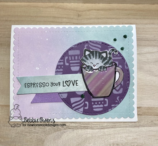 Espresso your love by Debbie features Newton's Mug, Mugs, Love Cafe, Frames & Flags, and Circle Frames by Newton's Nook Designs; #newtonsnook, #inkypaws, #catcard, #cardmaking, #coffeecards