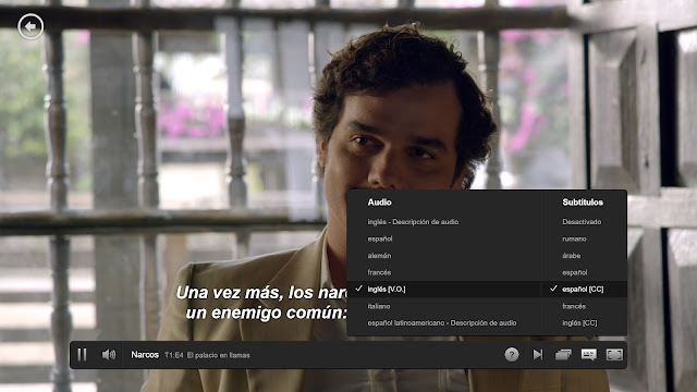 Menú de idiomas y subtítulos en la serie Narcos de Netflix